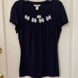 LOFT Navy Blue top with Beautiful Neckline and White Floral Beads Detail